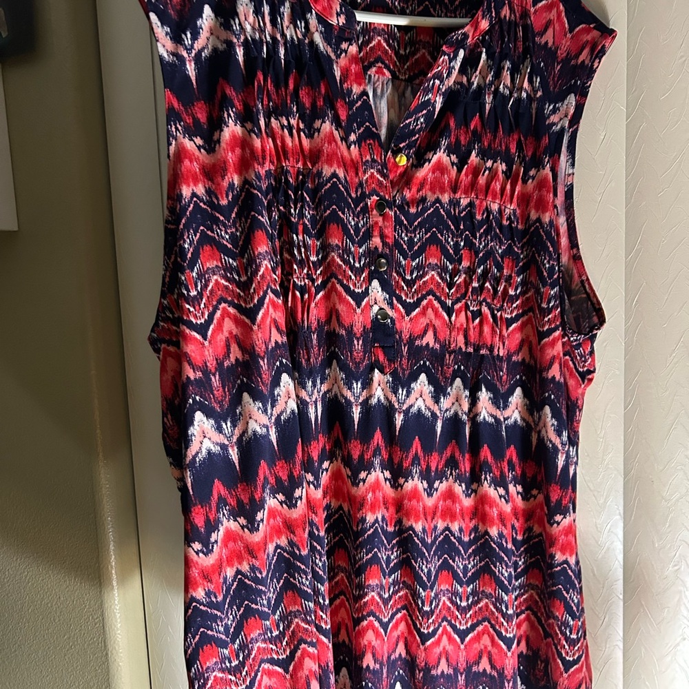 Avenue Red and Blue Sleeveless Blouse with Mandarin Collar